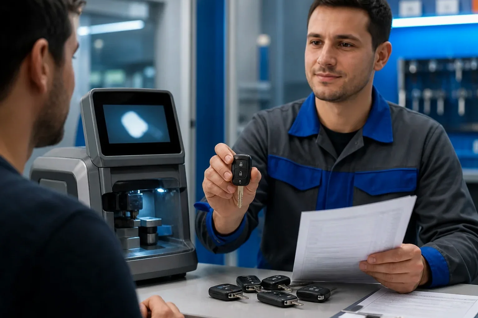 Chaveiro fabricando uma chave codificada em um ambiente de trabalho em Barreiras.