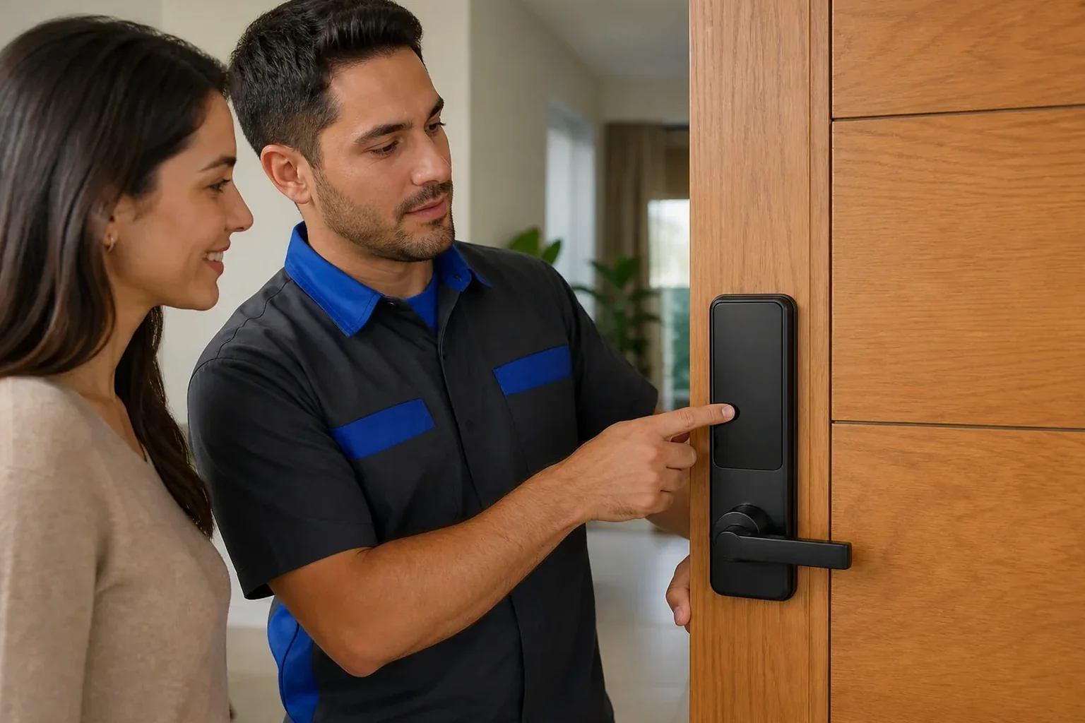 Chaveiro realizando a instalação de uma fechadura digital em uma porta em Barreiras.