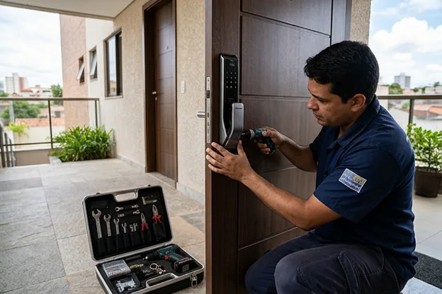 Fechadura digital moderna em uma porta de entrada em Barreiras.