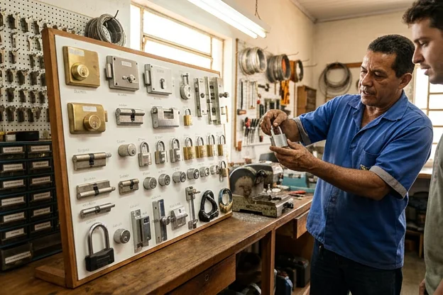 Várias fechaduras em exposição em uma loja de chaveiro em Barreiras.